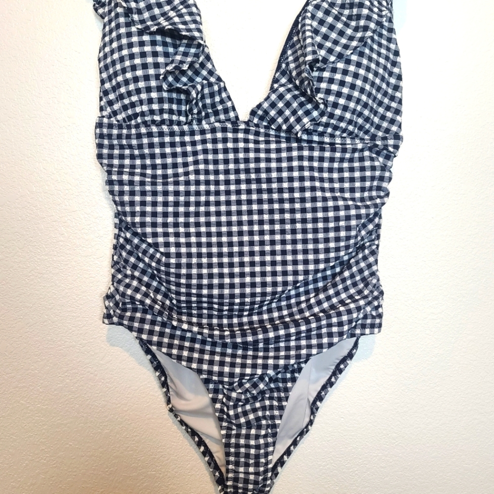 NWT J.Crew Ruched Ruffle One-piece Swimsuit In Classic Gingham in Blue Size 14 - Picture 8 of 13